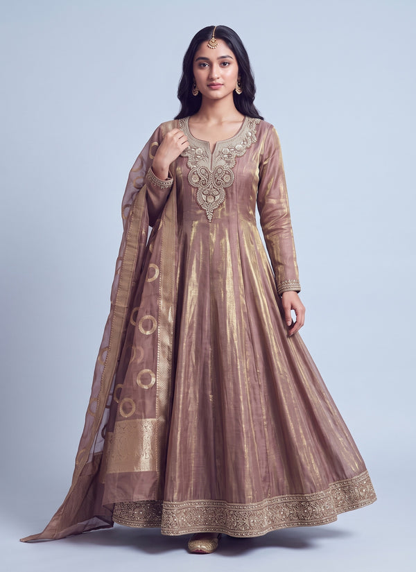 Brown tissue anarkali gown with zardozi pearl yoke, embroidered hem and ring motif dupatta, front view