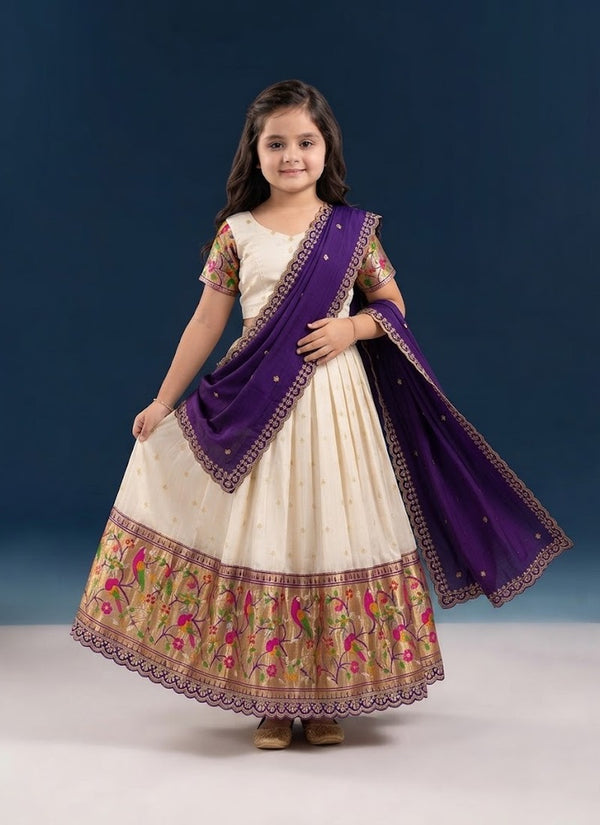 Cream paithani lehenga for kids with purple silk dupatta and parrot zari border, front view