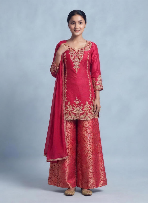 Pink jacquard palazzo suit with gold embroidered chinon kurti and chiffon dupatta, front view