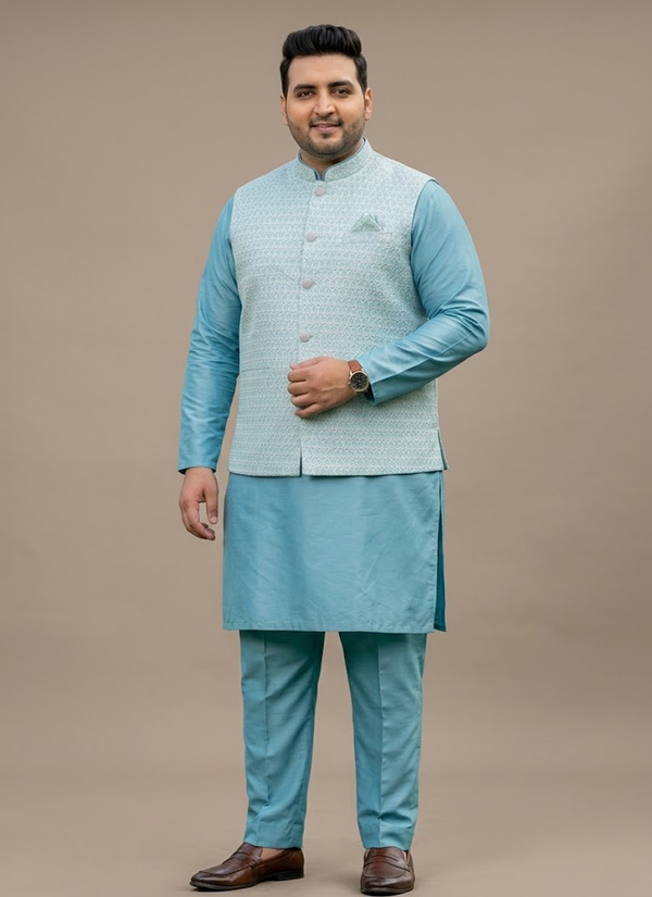 Big Size Silk Kurta Koti Polo Pant Set