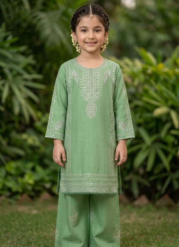 Girls Cotton Midi Shirt Set – Embroidered 2 Piece Casual Wear, Stylish Indian Girls Dress