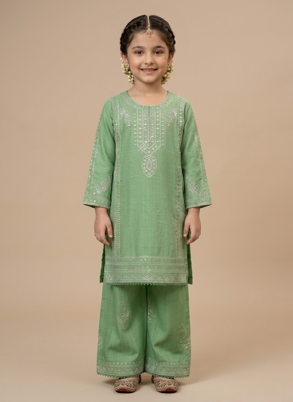 Girls Cotton Midi Shirt Set – Embroidered 2 Piece Casual Wear, Stylish Indian Girls Dress