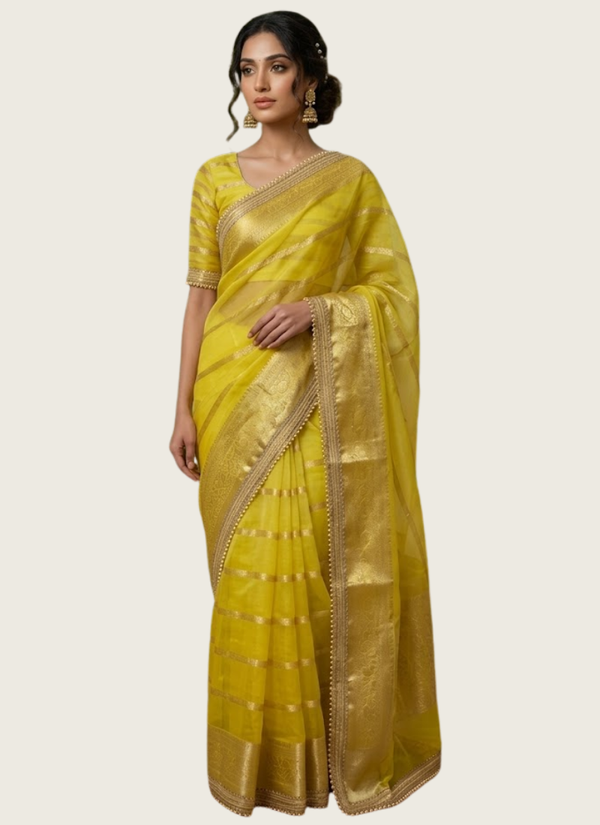 Banarasi Organza Saree with Blouse – Bright yellow Australia