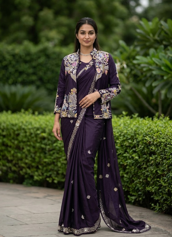 Party Jacket Saree – Heavy Crepe Satin with Embroidery Work, Traditional Indian Saree & Ethnic Fashion Australia