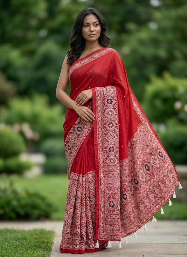Ajrak Printed Silk Saree – Digital Print with Real Mirror Handwork & Satin Blouse, luxury sarees Australia