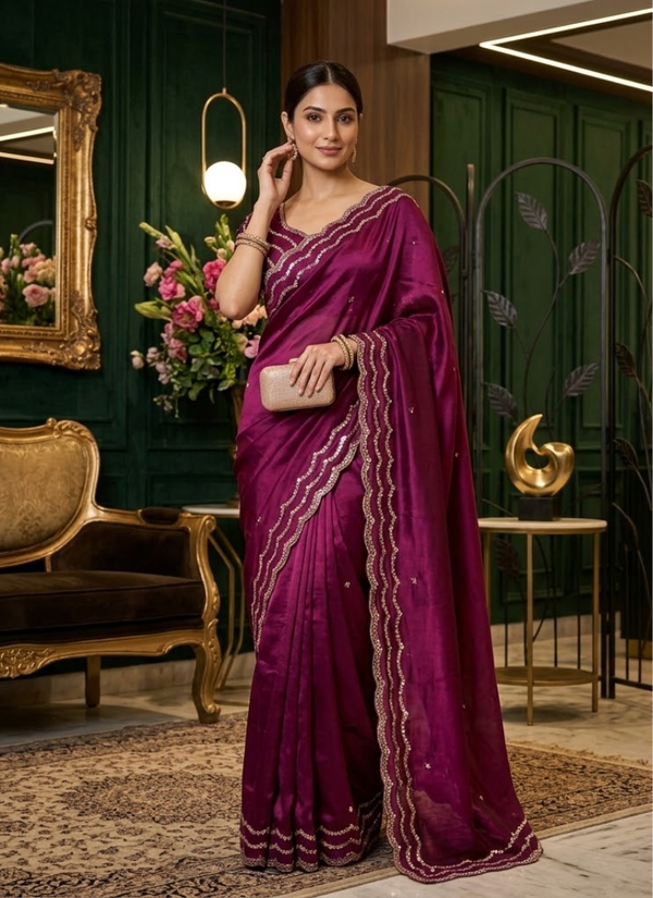Pure Fandy Satin Silk Saree with Rose Gold Beadwork | Indian Saree Online Australia