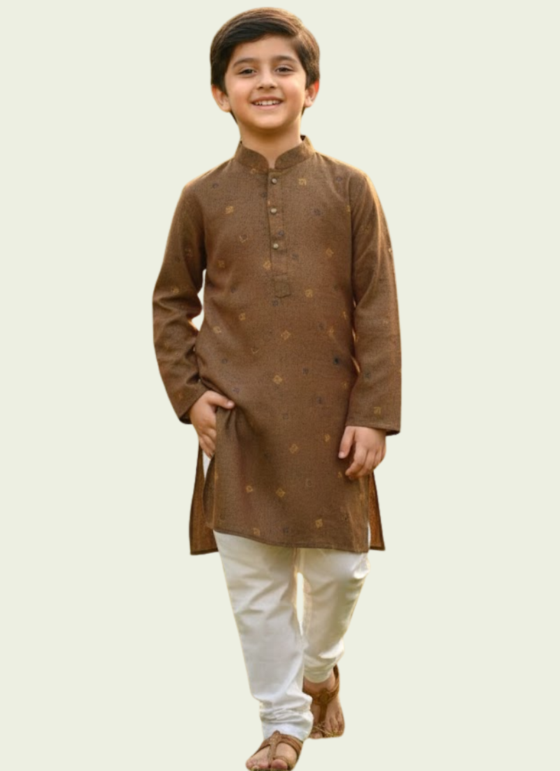 Kids Linen Kurta with White Cotton Pyjama
