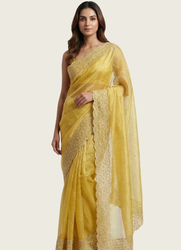 Golden Yellow Silk Saree with Diamond Embroidery, Silver Floral Border & Blouse Piece Australia