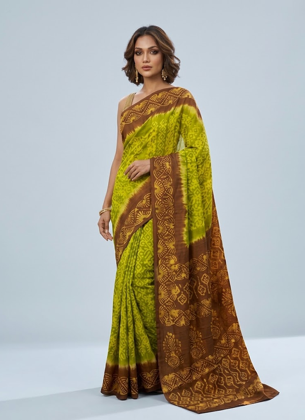 Parrot Green & Yellow Batik Print Saree | Unique Indian Printed Saree