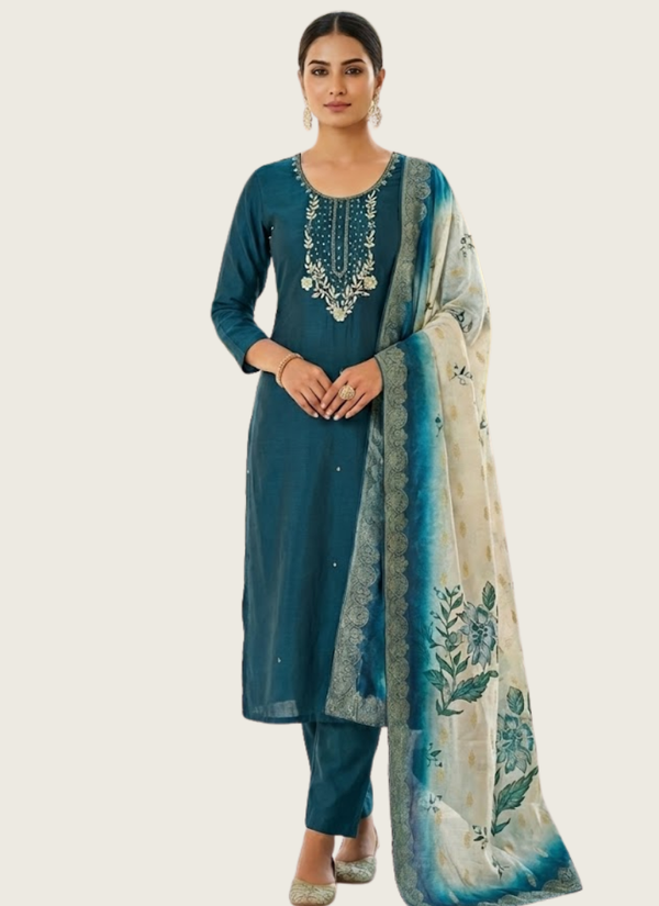 Morpich Roman Silk Punjabi Suit with Handwork & Lichi Silk Jacquard Dupatta Australia
