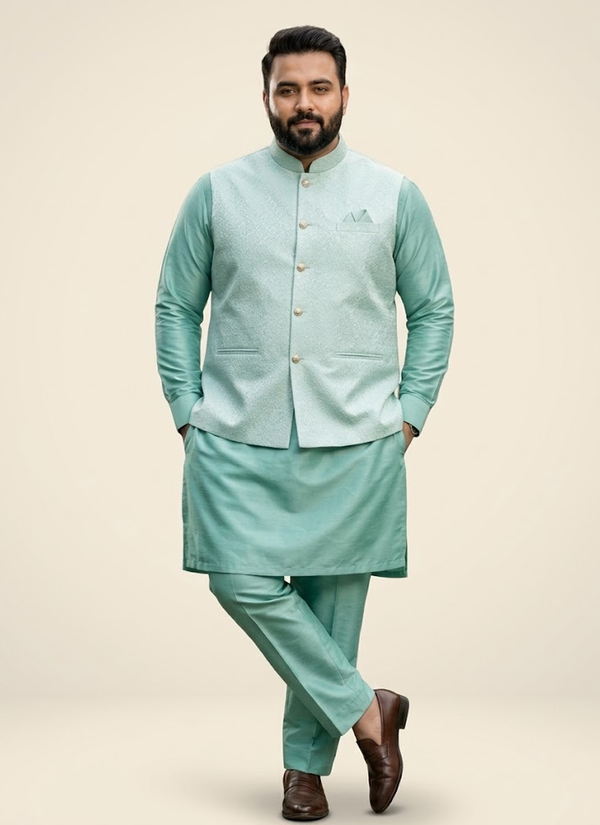 Men’s Silk Kurta Pant Set with Jacquard Koti
