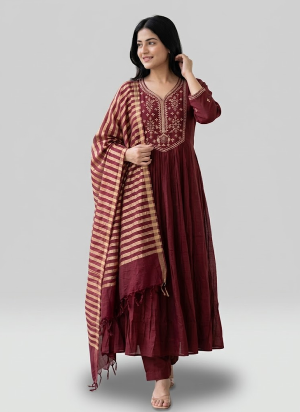 Wine Red striped mul chanderi kurta pant and dupatta set – styled on model