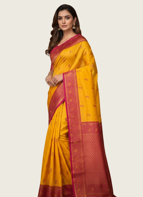Bright Yellow Katan Silk Saree – Mina Work Australia
