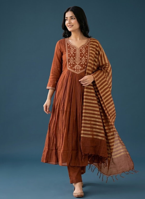 deep bronze mul chanderi kurta pant and dupatta set – styled on model