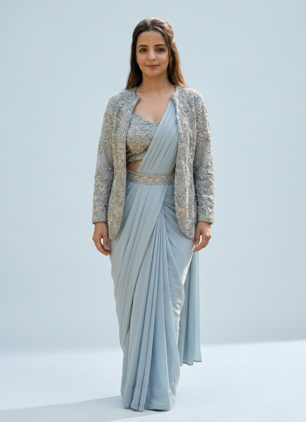 Chinnon Silk Drape Saree – Embroidery Sequence Work, Premium saree Australia