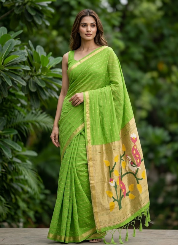 Cotton Paithani Saree – Zari Buttis & Pallu with Blouse