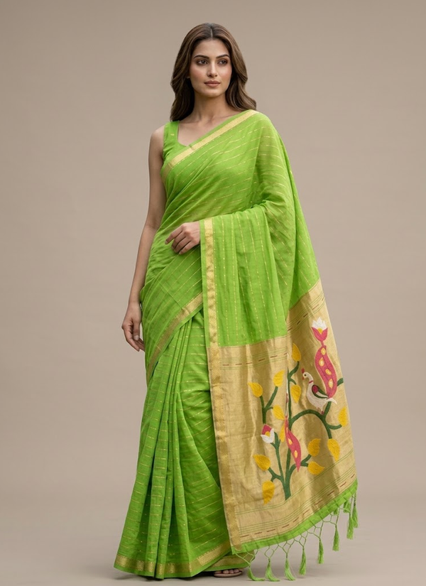 Cotton Paithani Saree – Zari Buttis & Pallu with Blouse