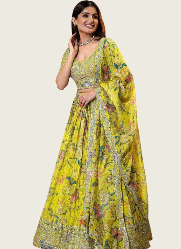 Yellow Organza Lehenga Choli with Zari & Sequins Embroidery + Lace Dupatta Australia