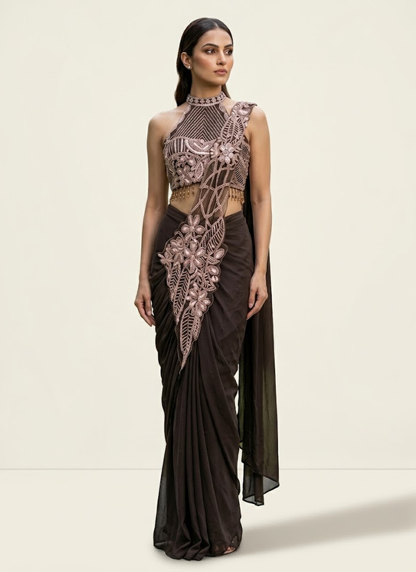 Olive Green star georgette ready to wear saree with embroidered bodice – full length