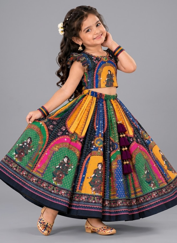 Chinon Silk Mirror Work Navratri Lehenga Set for Children Indian Girl Outfit