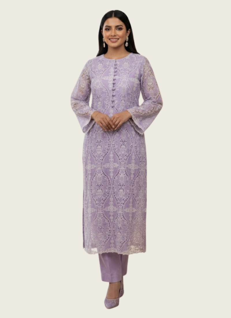 Lilac Silk Chikankari Co‑Ord Set with Divider Bottom, Indian woman online shop in Australia