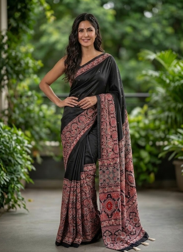 Ajrak Printed Silk Saree – Digital Print with Real Mirror Handwork & Satin Blouse, designer ajrak sarees online Australia