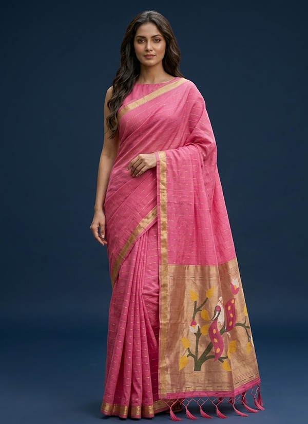 Cotton Paithani Saree – Zari Buttis & Pallu with Blouse, designer cotton paithani sarees online Australiaotton