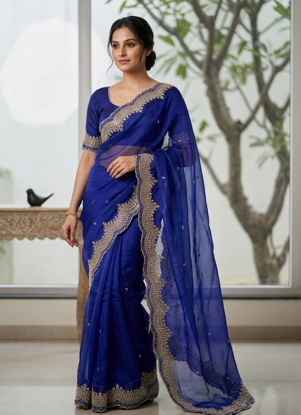 Fendy Satin Silk Saree – Gold Embroidery with Pearl Detailing & Matching Blouse Australia