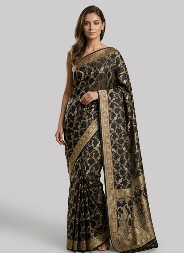 Black Katan Silk Saree with Zari Woven Work, Comfortable Saree Australia