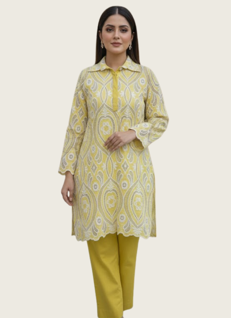 Yellow Silk Chikankari Co‑Ord Set with Divider Bottom, Indian women clothing online Australia,Indian dresses Perth Australia