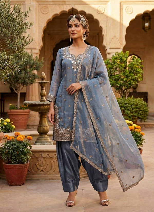 Fendy Silk Suit Set – Embroidery & Sequins with Palazzo & Dupatta, buy Bollywood salwar suit online Australia