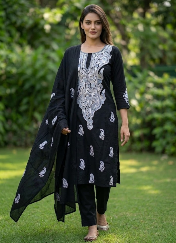 Winter Pashmina Suit – Black with Thread Embroidery Australia