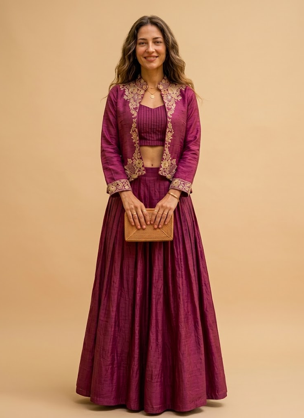 magenta Designer Indo‑Western Jacket Lehenga Set – Gleemium Fashion Australia (view 2)
