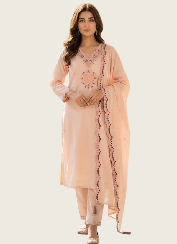 Light Peach Roman Silk Punjabi Suit with Embroidery & Sequence Dupatta Australia