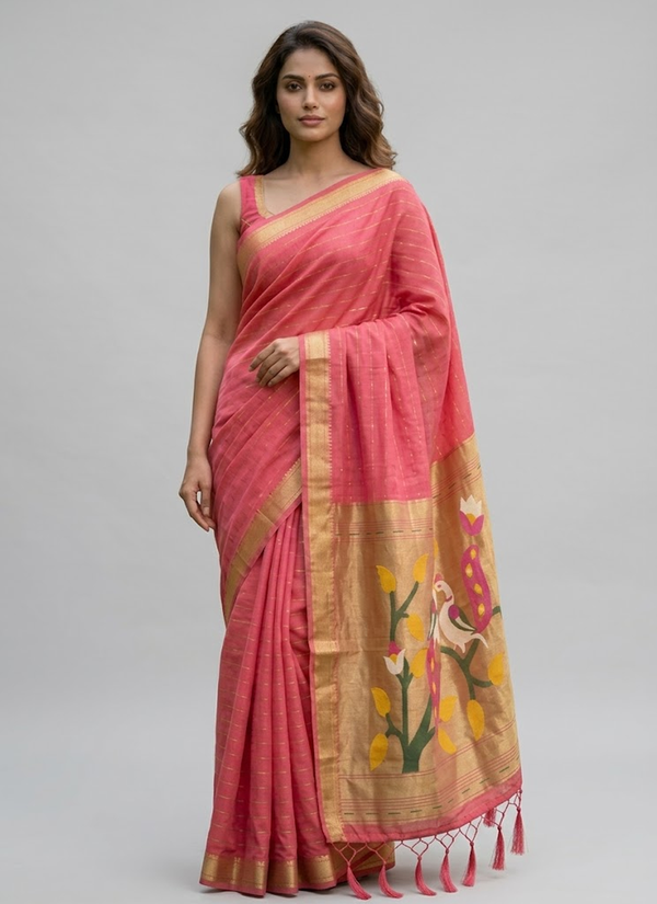 Cotton Paithani Saree – Zari Buttis & Pallu with Blouse, luxury sarees Australia