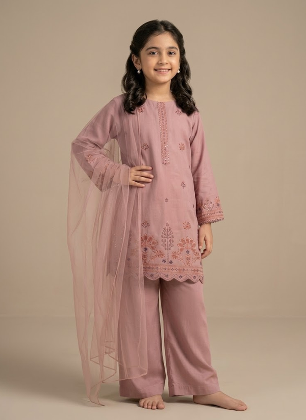 Girls Embroidered Chiffon Midi Dress Set – 3 Piece Party Wear Outfit, Girls kids Embroidered Net Frock