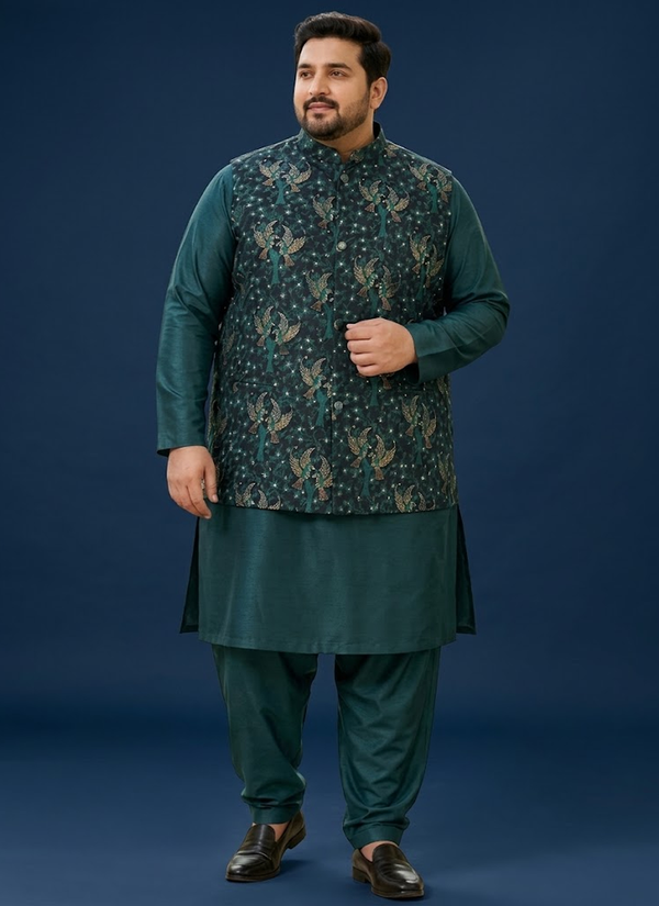 Men's Big Size Silk Kurta Pyjama with Jacquard Koti | Indian Wedding Wear for Men Australia