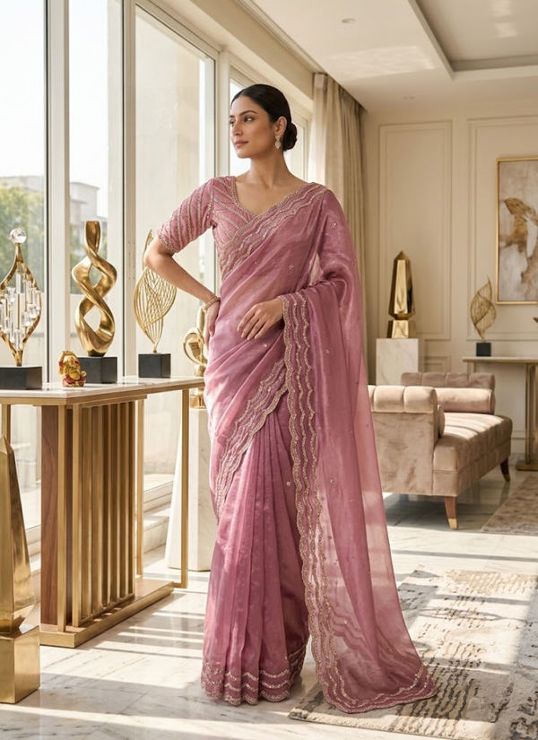 Pure Fandy Satin Silk Saree with Rose Gold Beadwork | Indian Party Wear Saree Australia