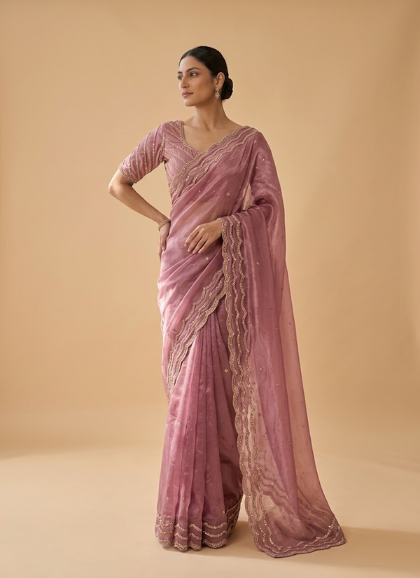 Pure Fandy Satin Silk Saree with Rose Gold Beadwork | Indian Party Wear Saree Australia