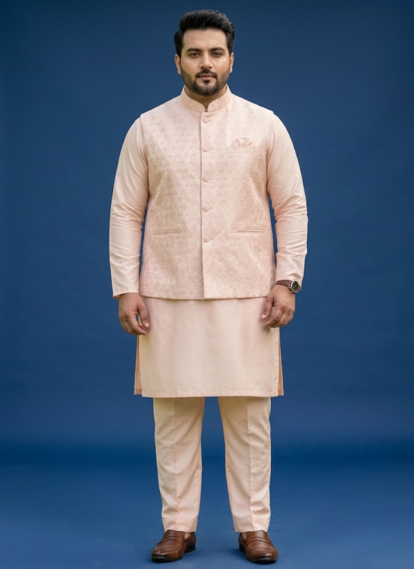 Indian Men’s Dress Jacquard Koti Silk Kurta Polo Pant Set