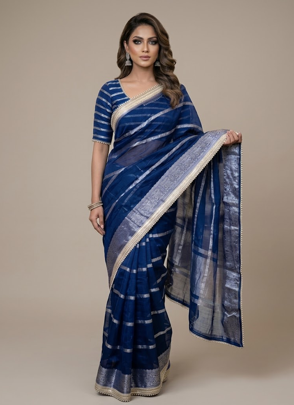Navy Blue saree – front view | Gleemium Fashion Australia