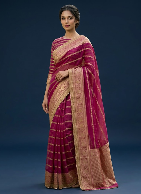 Magenta saree – front view | Gleemium Fashion Australia