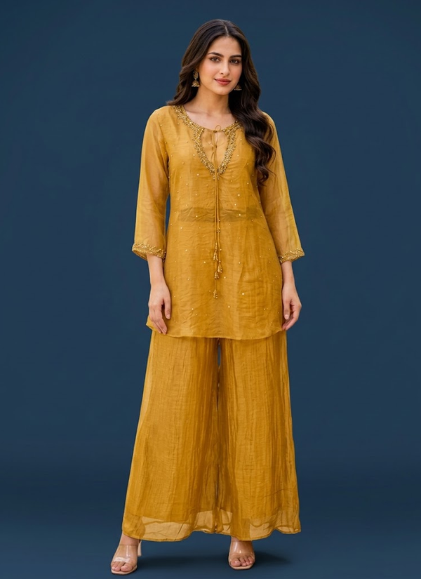 Yellow Tissue Co‑ord Set with Sequin Work – Gleemium Fashion Australia (view 3)