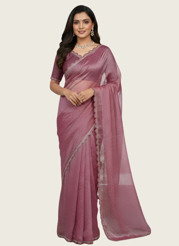 Organza Silk Saree with Handwork Lace Border & Matching Blouse Fabric Australia