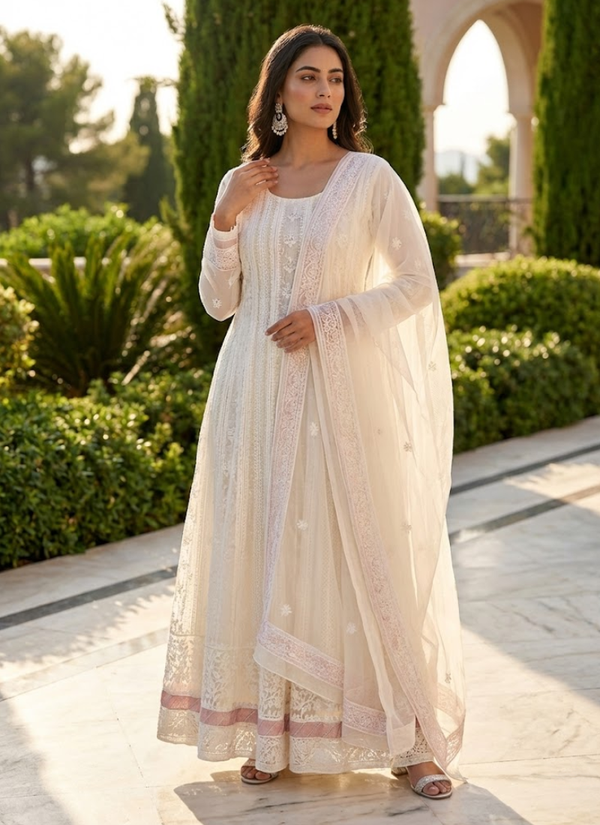 White Handmade Lucknowi Anarkali in Maslin Organza Australia