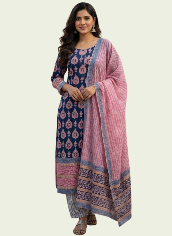Cotton Block Printed Salwar Suit – Royal Blue & Pink Australia