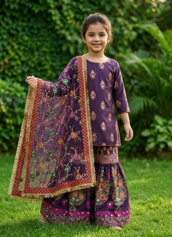Kids Raw Silk Sharara with Block Print & Mirror Work Australia