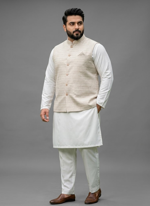 Big Size Men's Indian Jacquard Koti Silk Kurta Pant Set for Diwali or Eid