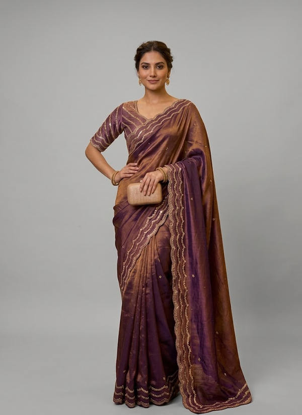 Pure Fandy Satin Silk Saree with Rose Gold Beadwork | Indian Occasion Wear Australia
