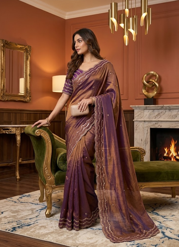Pure Fandy Satin Silk Saree with Rose Gold Beadwork | Indian Occasion Wear Australia